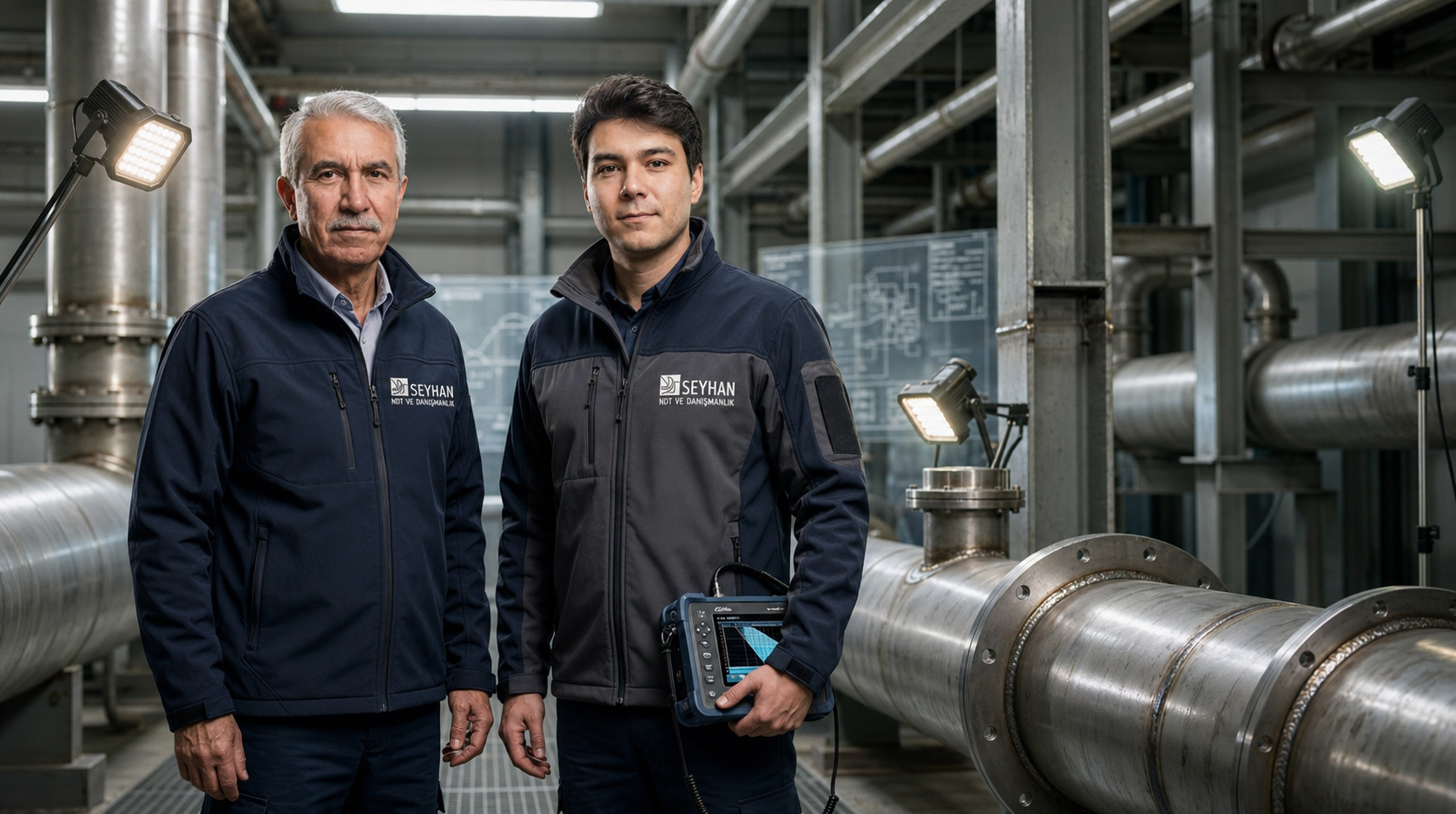 Seyhan NDT ekibi; sahada ultrasonik flaw detector ile boru hattı muayenesi